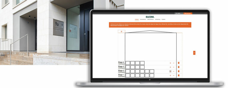 Eine Software auf dem Computer hilft beim Gebäudemanagement. Es wird eine schematische Übersicht über die Etagen eines Gebäudes gezeigt.